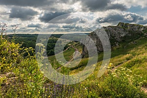 Hilly landscape withÃÂ a JurassicÃÂ limestone rock formation in Cracow-Czestochowa Upland, Olsztyn,ÃÂ Silesian Voivodeship,ÃÂ Poland